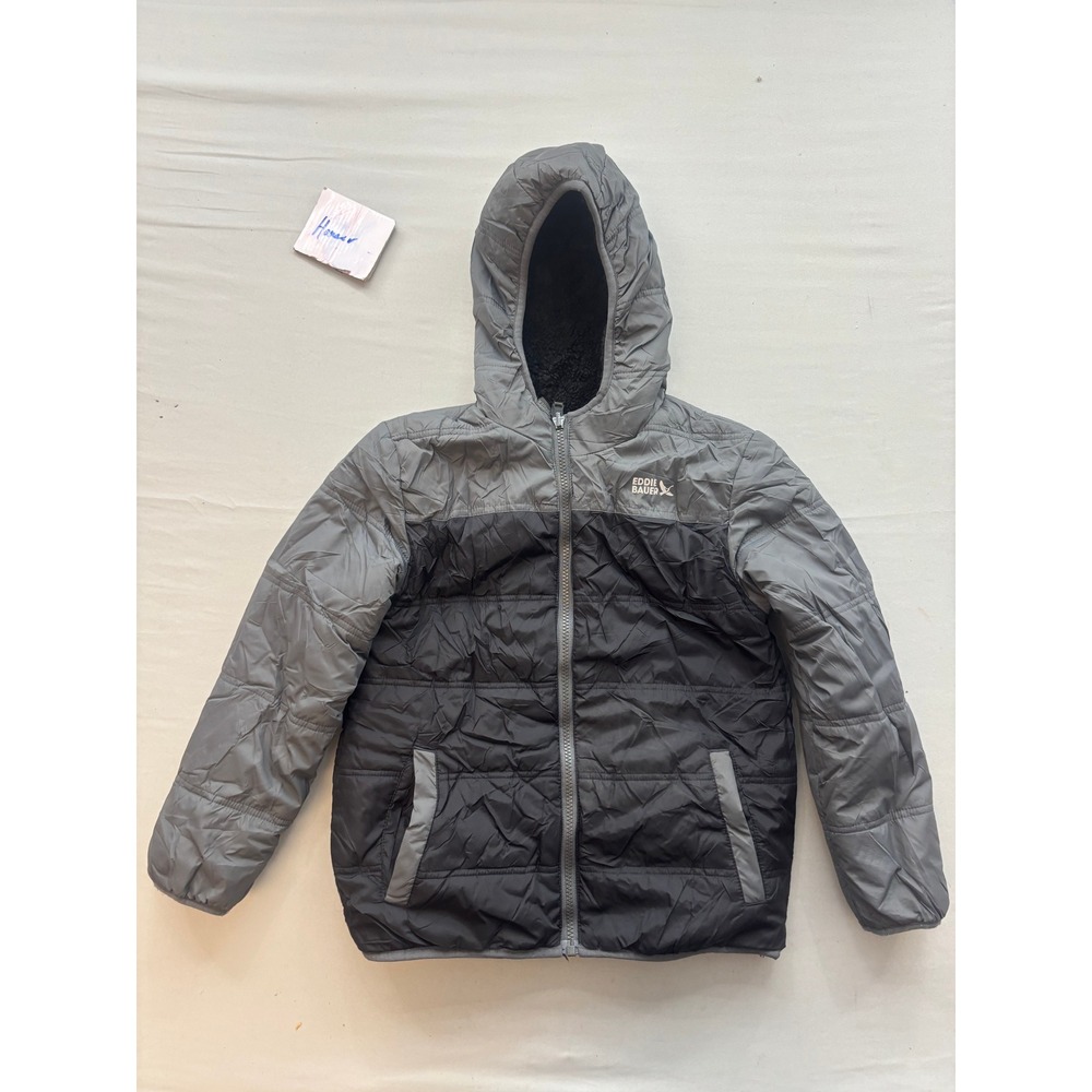 Eddie Bauer Boys Puffer Jacket Gray Black Hooded Fleece Lined Quilted Coat XL